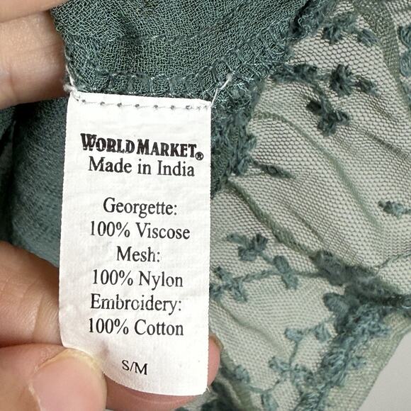 World Market Peasant Top S/M Green Blouse Lace Pleated Chiffon Ruffled Bohemian - Picture 6 of 8